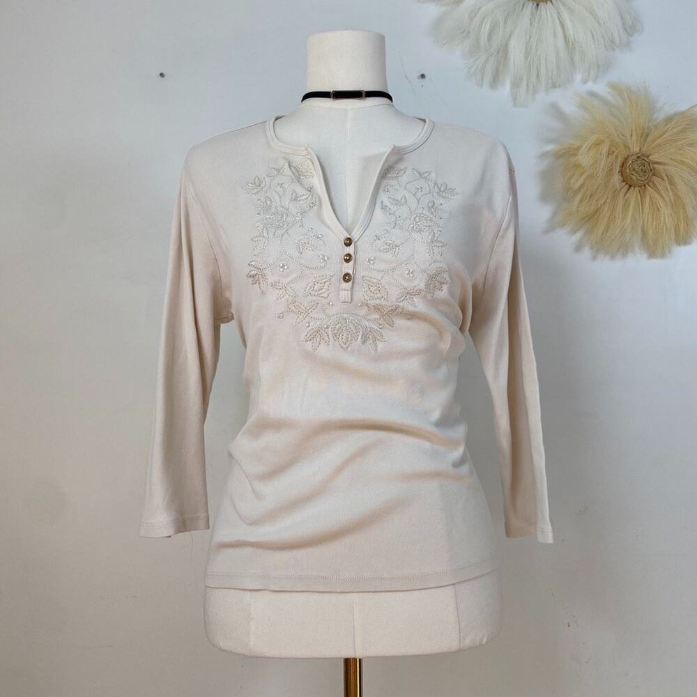 Lauren Ralph Lauren Womens Y2K Embroidered Henley Size L Soft Girl Cottagecore